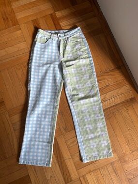 Ghanda Two-Tone Pastel Plaid & Gingham Jeans (Blue, Green)